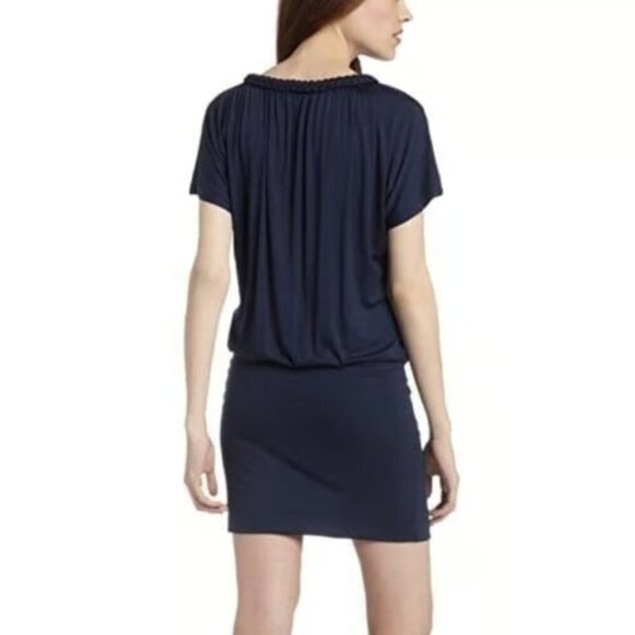 ELLA MOSS ANTHROPOLOGIE Odela Braid V-Neck Dress Navy Blue Blouson Mini Dress S - Picture 3 of 8